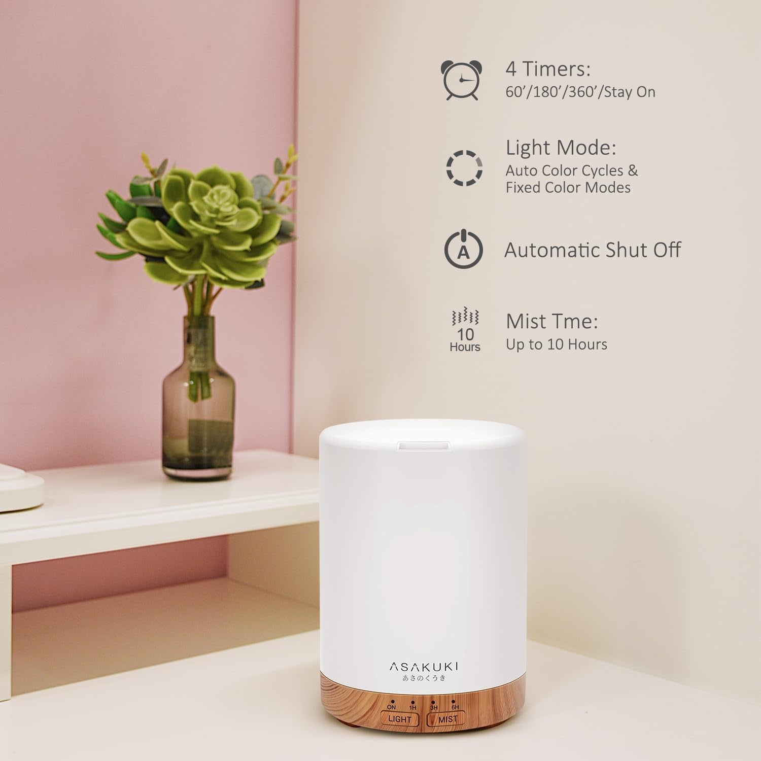 Smart Ultrasonic Essential Oil Diffuser & Humidifier – 300 mL, LED Mood Light, Auto-Shutoff, Quiet Operation — Perfect for Home, Bedroom, Office (Wood-Grain Finish)