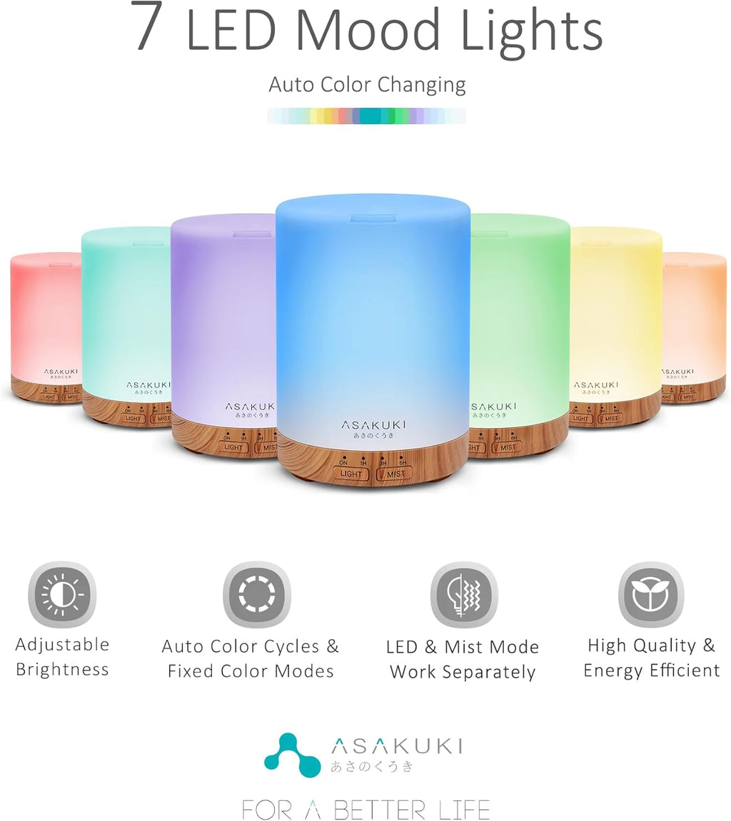Smart Ultrasonic Essential Oil Diffuser & Humidifier – 300 mL, LED Mood Light, Auto-Shutoff, Quiet Operation — Perfect for Home, Bedroom, Office (Wood-Grain Finish)