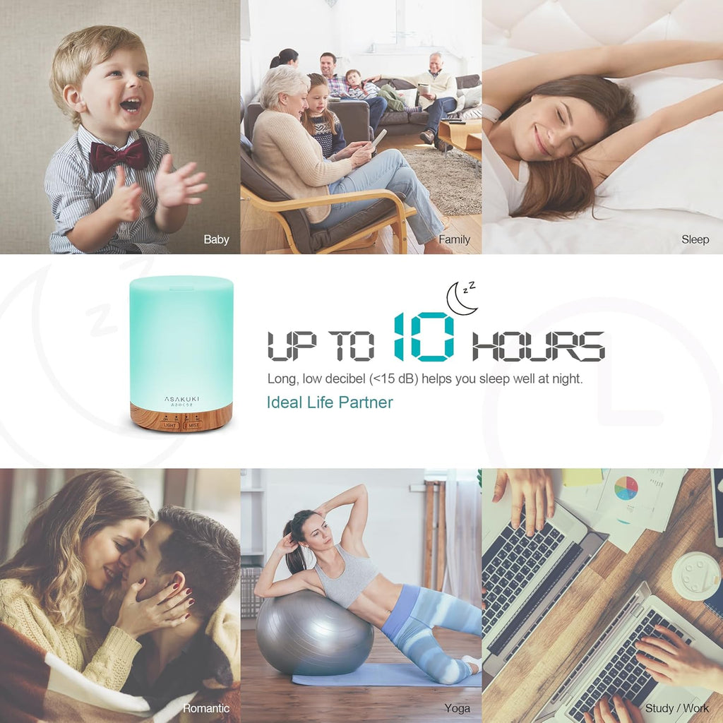 Smart Ultrasonic Essential Oil Diffuser & Humidifier – 300 mL, LED Mood Light, Auto-Shutoff, Quiet Operation — Perfect for Home, Bedroom, Office (Wood-Grain Finish)