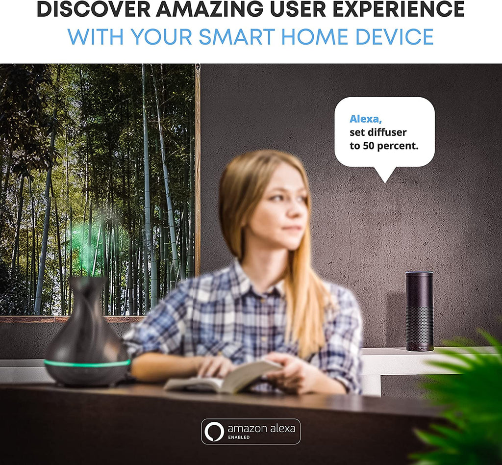 Smart WiFi Ultrasonic Essential Oil Diffuser & Humidifier – 400ml, Alexa & Google Home Compatible, LED & Timer, Dark Brown