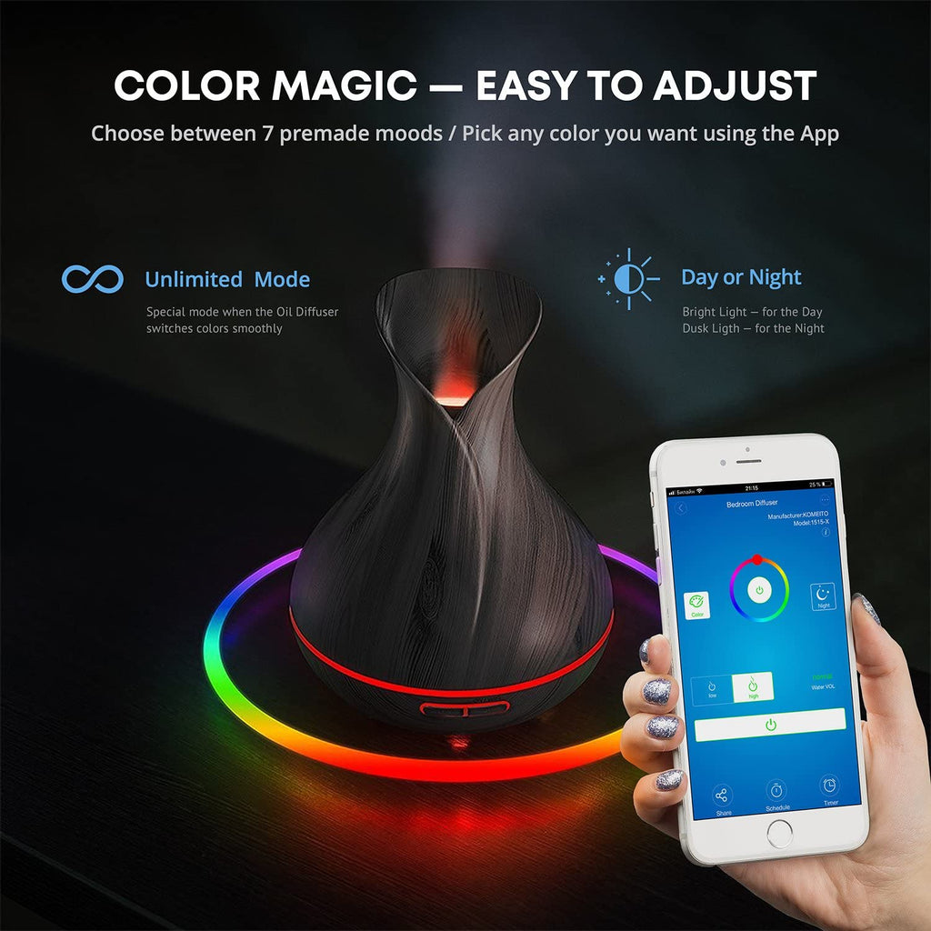 Smart WiFi Ultrasonic Essential Oil Diffuser & Humidifier – 400ml, Alexa & Google Home Compatible, LED & Timer, Dark Brown