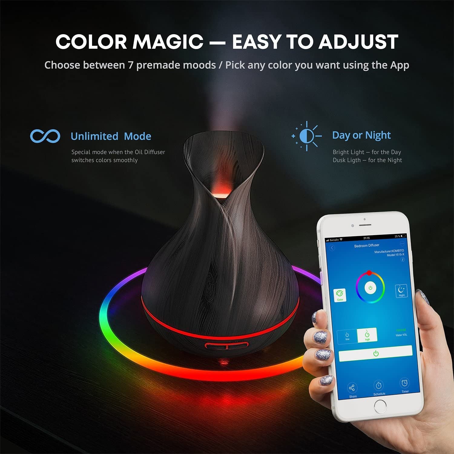Smart WiFi Ultrasonic Essential Oil Diffuser & Humidifier – 400ml, Alexa & Google Home Compatible, LED & Timer, Dark Brown