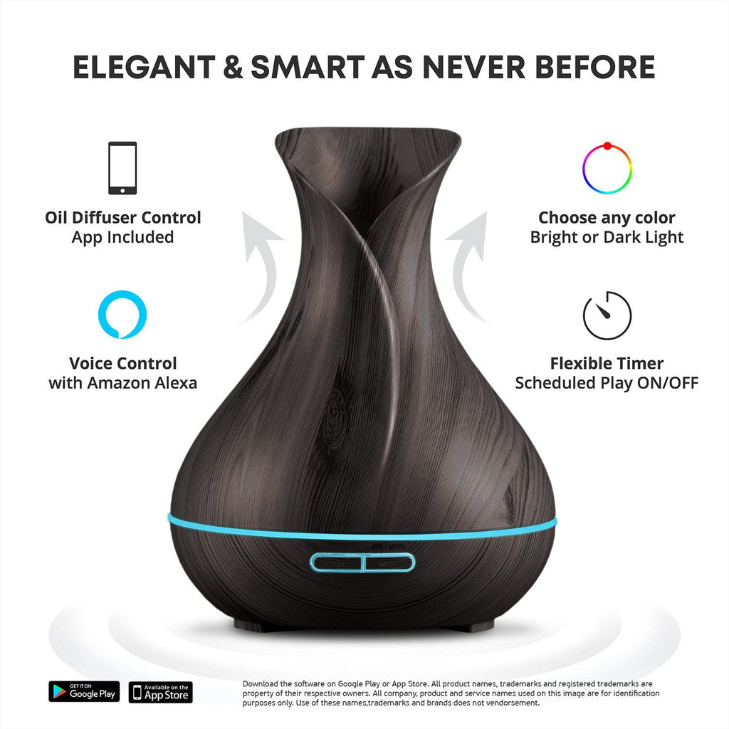 Smart WiFi Ultrasonic Essential Oil Diffuser & Humidifier – 400ml, Alexa & Google Home Compatible, LED & Timer, Dark Brown