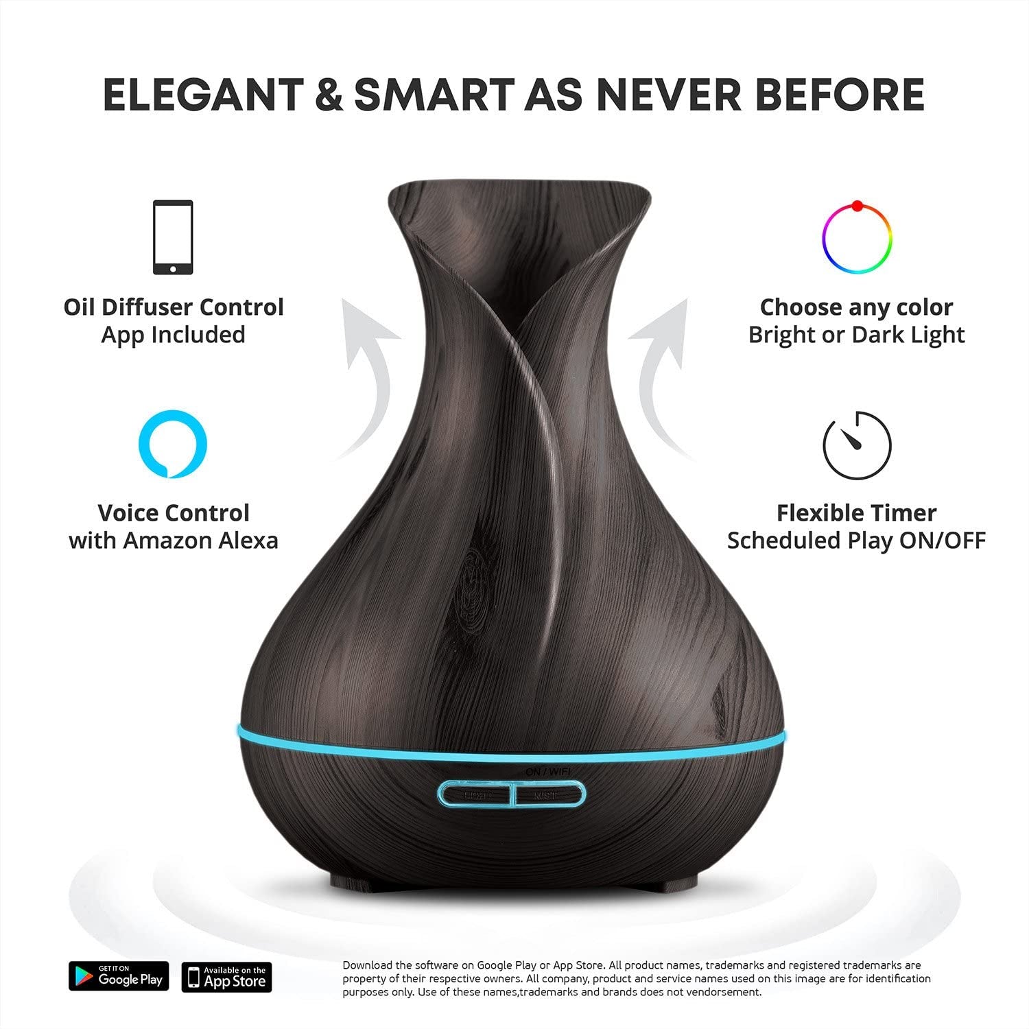 Smart WiFi Ultrasonic Essential Oil Diffuser & Humidifier – 400ml, Alexa & Google Home Compatible, LED & Timer, Dark Brown